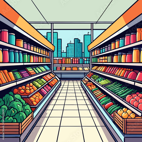 Vibrant grocery store aisle with fresh produce and city skyline view