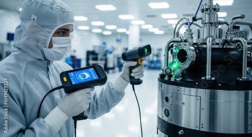 Quality control technician examining a small modular nuclear reactor using handheld scanners in a spotless manufacturing cleanroom.