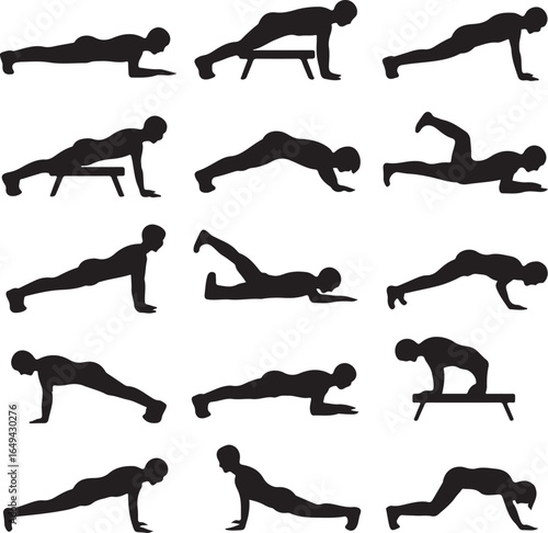 Silhouette collection of people performing various push-up exercises on white background push up fitness
