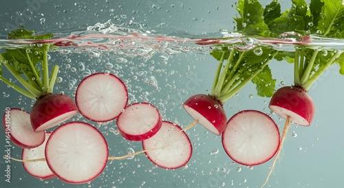 Fresh red radishes with green leaves and sliced cross-sections underwater with bubbles on light blue background