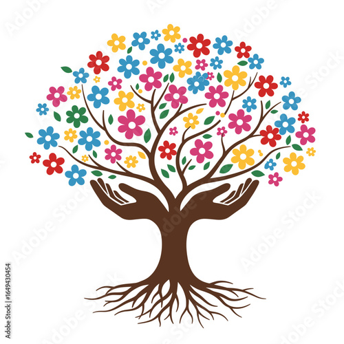 Colorful Tree of Life with Human Hands Symbol of Growth, Nature, and Community