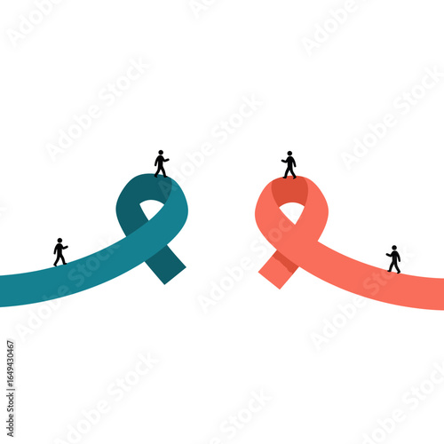 A conceptual illustration of miniature figures walking on separate teal and orange awareness ribbons, symbolizing different journeys or causes.