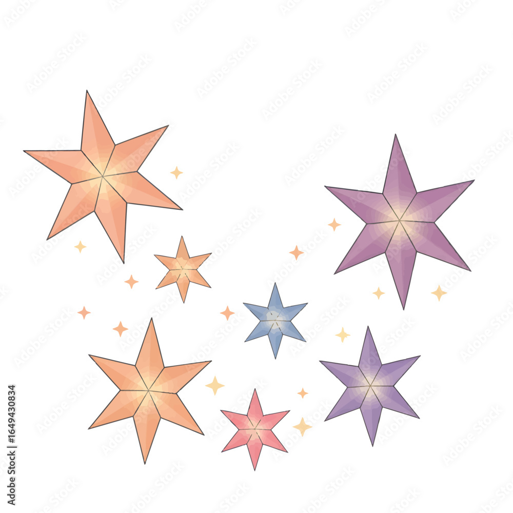 Fototapeta premium A beautiful cluster of hand-drawn sparkling stars in pastel colors. Whimsical celestial illustration for parties and celebrations.