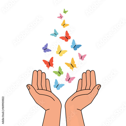 Vibrant butterflies gracefully ascending from open hands, symbolizing freedom, transformation, and the release of potential into a hopeful future.