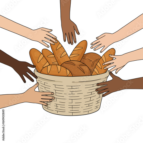 Multicultural Hands Reaching for a Basket of Fresh Bread Unity and Sharing