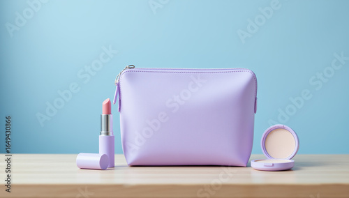 Lavender cosmetic bag mockup and makeup products in minimalist style, in soft lavender, pink, and light blue colors, used for beauty routines and cosmetic storage, with ample copy space.