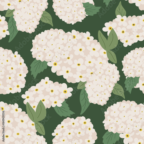 Botanical seamless pattern with white viburnum flowers and leaves. Hydrangea blossom vector flat background