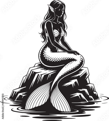 Mysterious mermaid rests on rock in ocean waves