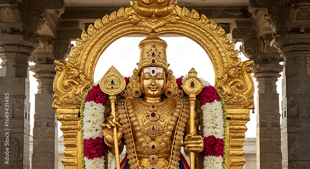 Obraz premium Ornate golden statue of Hindu deity Murugan, adorned with flowers, standing in a temple with carved stone pillars.
