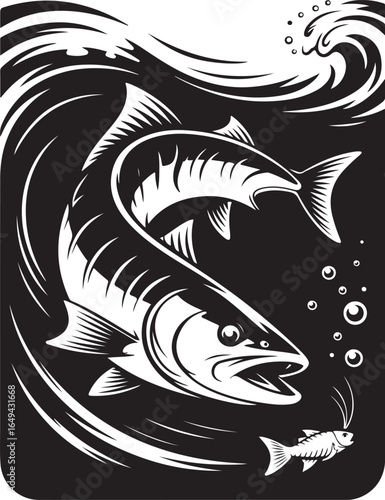 Predator fish hunts smaller fish in dynamic water waves