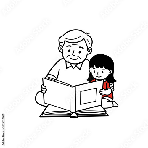 An elderly grandfather is reading a book, and his granddaughter is sitting next to him