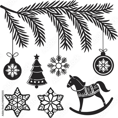 christmas tree branch with holiday ornaments illustration