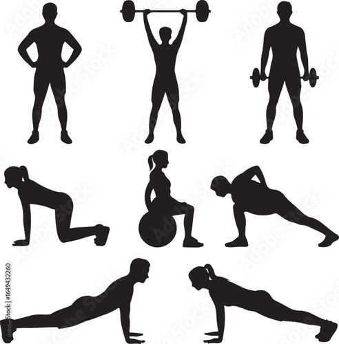 Silhouette fitness figures performing various exercises with weights and balls Keywords: fitness