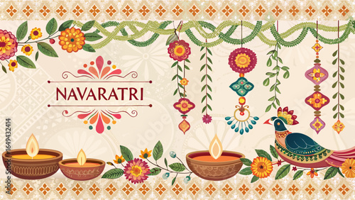 Navaratri Festival Pattern with Traditional Garlands, Diyas, and Cultural Motifs on Vibrant Background