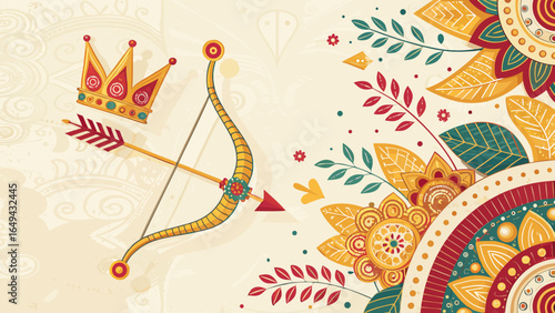 Dussehra Festival Pattern with Bows, Arrows, and Golden Crowns on Vibrant Background with Copy Space  