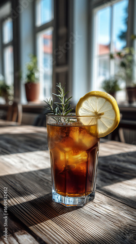 Iced Lemon Tea with Rosemary on Wooden Table