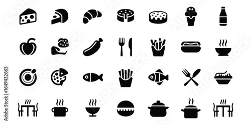 Collection of Simple Black Food and Drink Icons: Restaurant Menu, Culinary,  Vector Graphics.