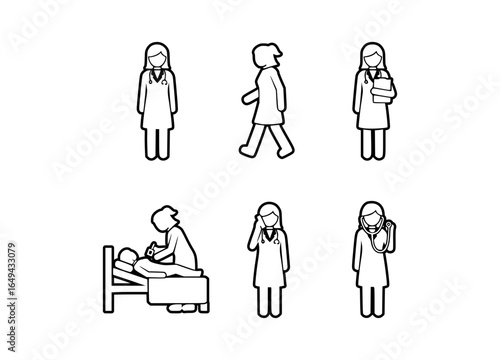 Healthcare professional symbol in several poses. Female doctor
