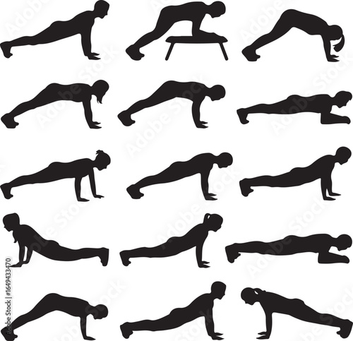 Collection of Male and Female Fitness Silhouettes Performing Planks exercise workout