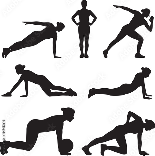 Diverse Female Fitness Silhouettes Exercising on White Background exercise workout