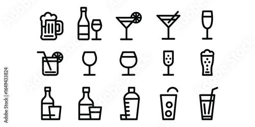 Collection of Modern Line Icons: Alcoholic and Non-Alcoholic Drinks, Beverages, Cocktails.