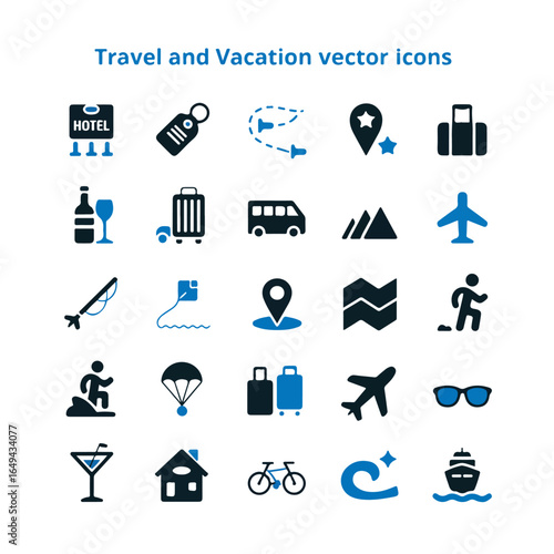A set of 18 travel and vacation icons arranged in a 3x6 grid on a white background .