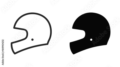 UntitledIllustration of two motorcycle helmets, one in outline and the other filled, isolated on white background, representing safety gear for riders and protection during transportation