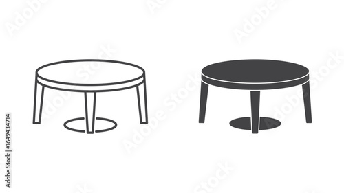UntitledIllustration of two round tables, one in outline and the other filled, isolated on white background, representing furniture and design elements for interior decoration and home styling