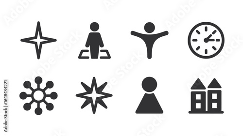 UntitledVector art of collection of various black and white icons isolated on white background, including a star, person sitting, human figure with arms outstretched, clock, atom, chess pawn, and buil