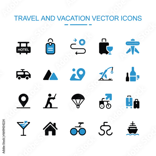 A set of 18 travel and vacation icons arranged in a 3x6 grid on a white background .