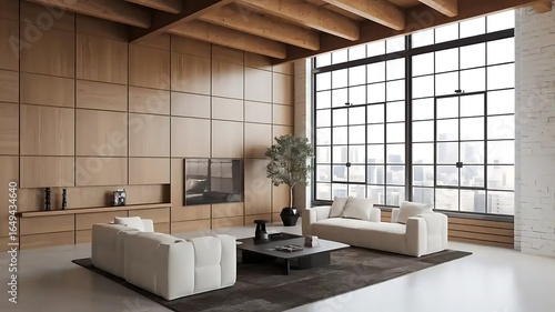 Wallpaper Mural Loft, minimalist interior design of modern living room with wooden paneling wall. Torontodigital.ca