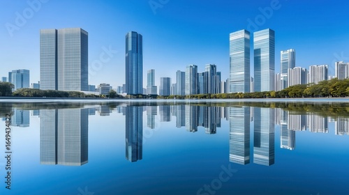 Modern City Skyline Reflected in Calm Water