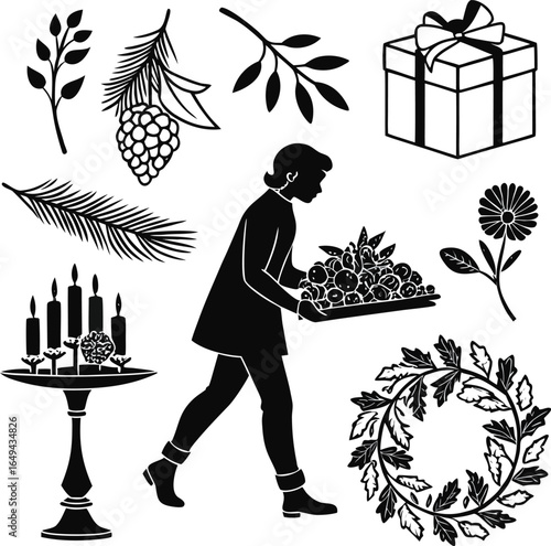 woman carrying fruit tray with holiday decorations silhouette