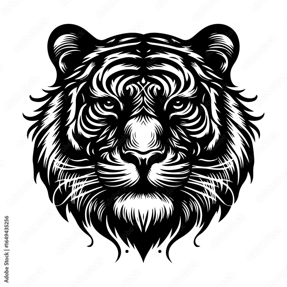 Obraz premium Monochrome Tiger Head with Ornate Striped Pattern A Striking Wildlife Illustration With Ornamental Detail