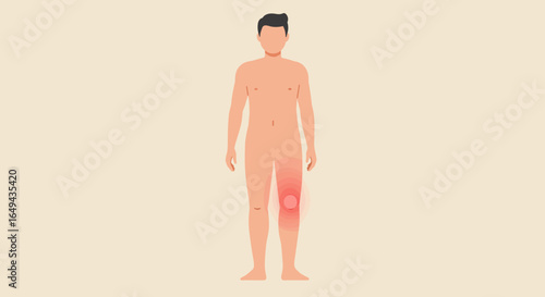 Man standing with knee swelling highlighted on leg  