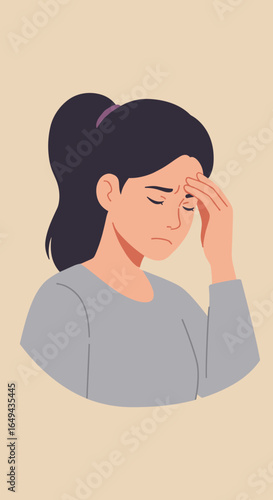 Young woman experiencing sinus pain and holding her forehead  