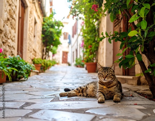 Fototapeta Naklejka Na Ścianę i Meble -  Cat relaxing in a charming alleyway