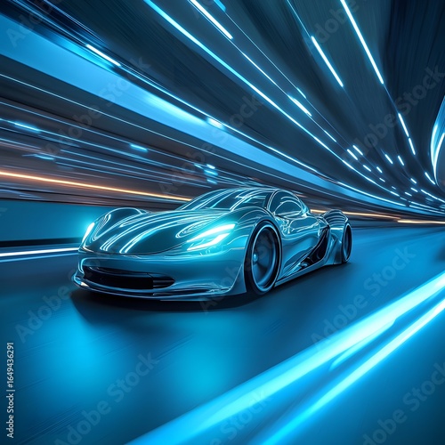 Sleek Electric Sports Car Zooming Through a Cyberpunk Metropolis at Night, fast moving car on highway
