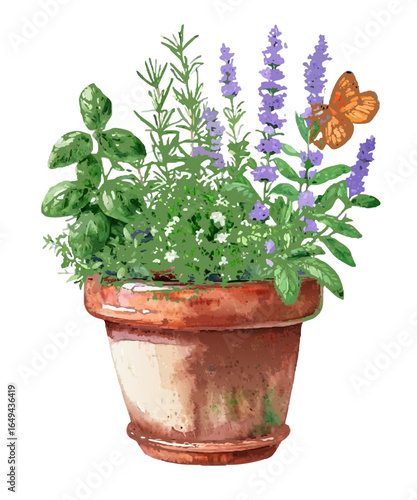 Watercolor Herb Garden in Terracotta Pot with Lavender, Basil, and Butterfly – Beautiful Nature Illustration for Kitchen Art, Gardening Themes, and Eco Concepts


