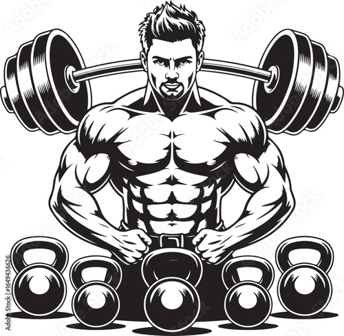 Muscular bodybuilder with barbell and kettlebells in black and white fitness strength