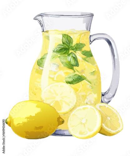Cool Glass Pitcher of Fresh Lemonade with Lemon Slices and Basil Leaves – Refreshing Hand-Painted Drink Illustration for Summer, Kitchen Decor, and Beverage Designs

