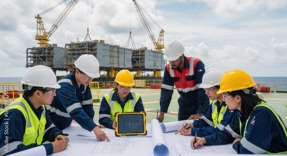 Fototapeta premium Engineering team discussing blueprints onboard the offshore floating LNG topside during module assembly procedures.