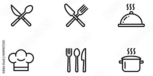 Modern Line Art Restaurant Icons: Chef Hat, Cutlery, Serving Dish, Cooking Pot – Simple, Clean, and Elegant Food Graphics.