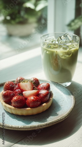 Sweet Strawberry Tart with Iced Matcha Latte