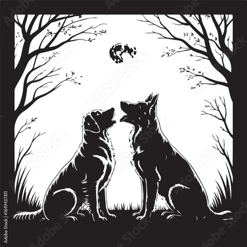 Loyal dogs gaze skyward under full moon night