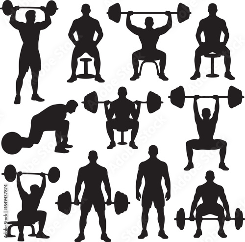 Collection of black silhouettes of men performing various weightlifting exercises barbell strength
