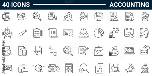 Accounting line icon set. Includes money, ledger, invoice, audit, tax, balance, calculator, expense, and finance. Editable stroke. Vector illustration