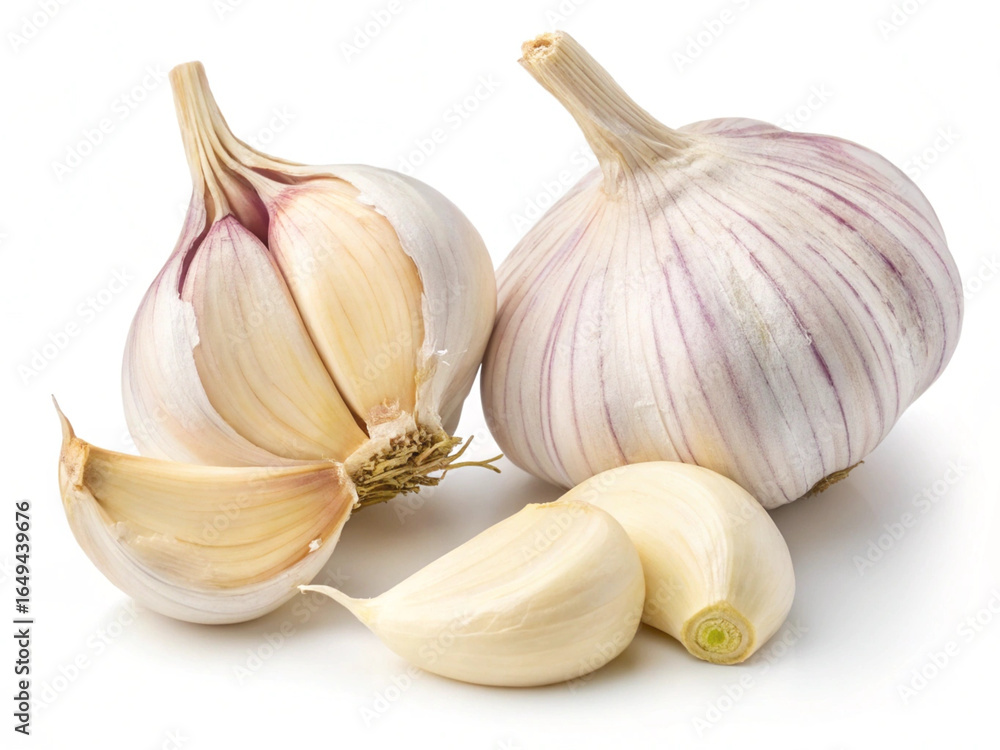 Obraz premium Fresh garlic bulbs and cloves isolated on a white background for culinary use