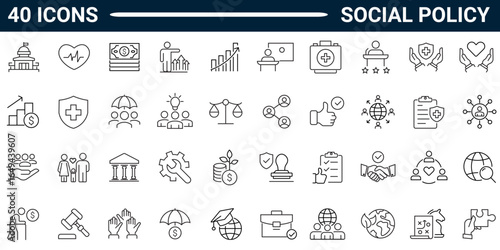 Social Policy outline style icon set with editable stroke. Vector Illustration. 