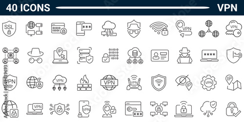 VPN or Virtual Private Network outline style icon set with editable stroke. Vector Illustration. 